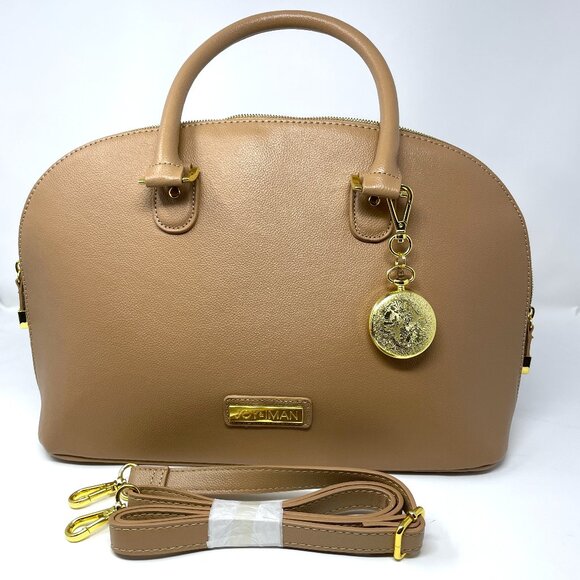 Joy & Iman Beige Pebble Split Leather Large Satchel Crossbody Handbag w/ Watch - Picture 1 of 16